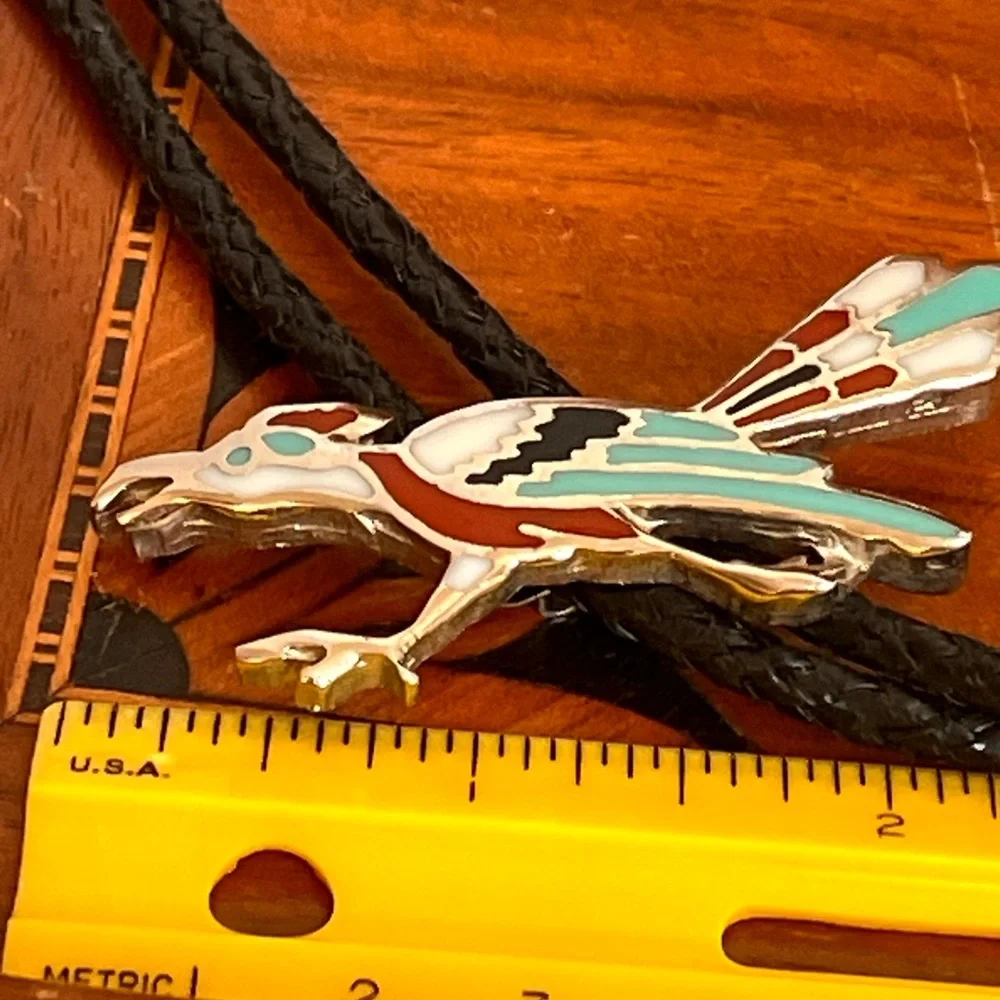 VTG Southwestern Roadrunner Enamel Bolo Tie Black Braided Cord 28” - Picture 5 of 6